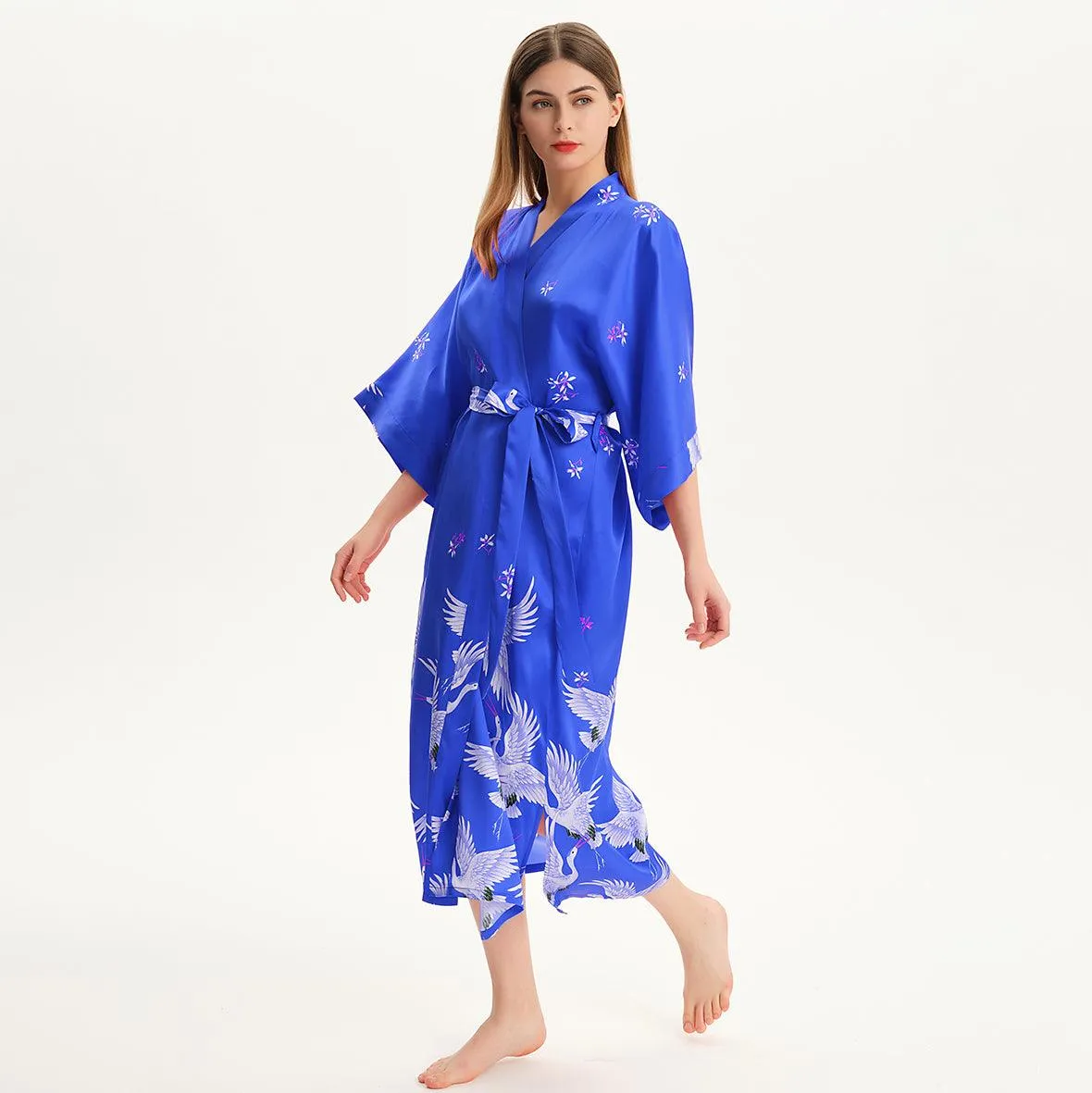 100% Pure Silk Kimono Robe For Women Long Sleeves Silk Robe White crane prints Bathrobe