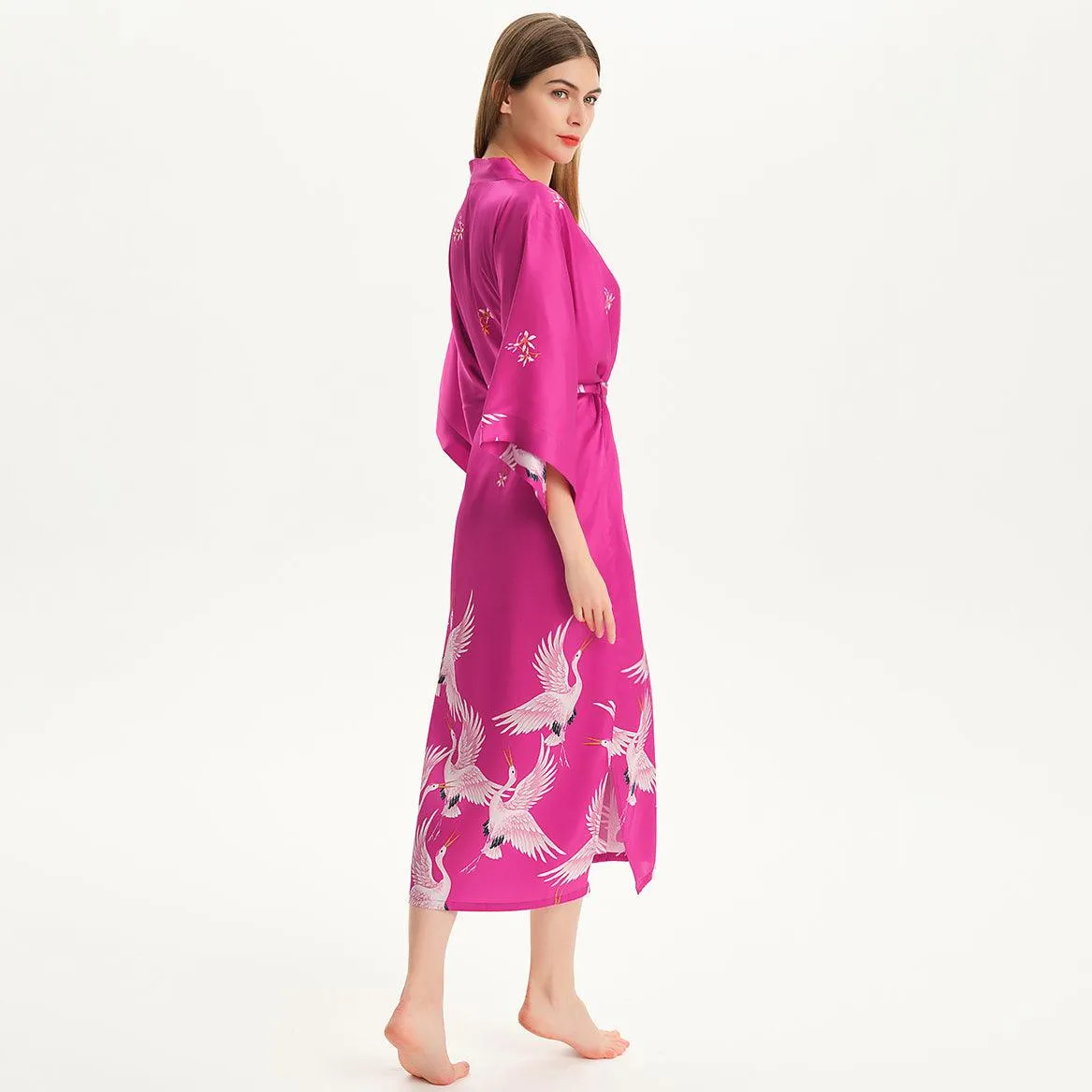100% Pure Silk Kimono Robe For Women Long Sleeves Silk Robe White crane prints Bathrobe