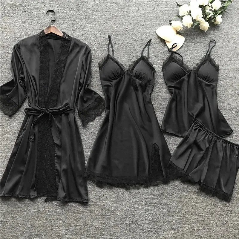 3- Piece Satin Lace Sleepwear Set