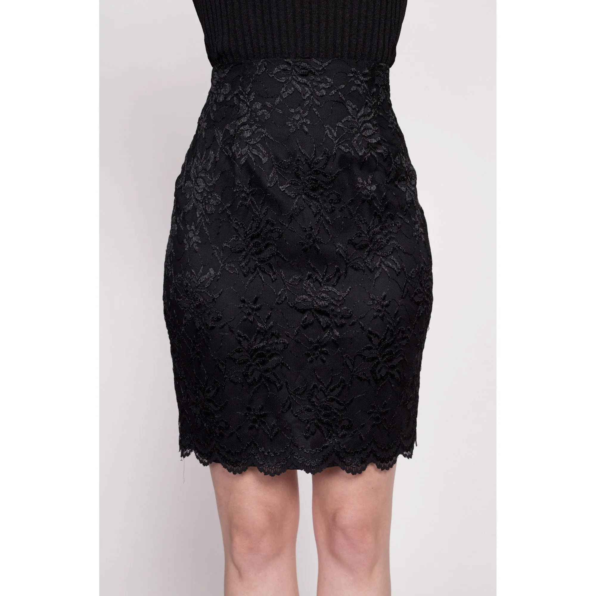 80s Black Lace Mini Skirt - Small, 26"