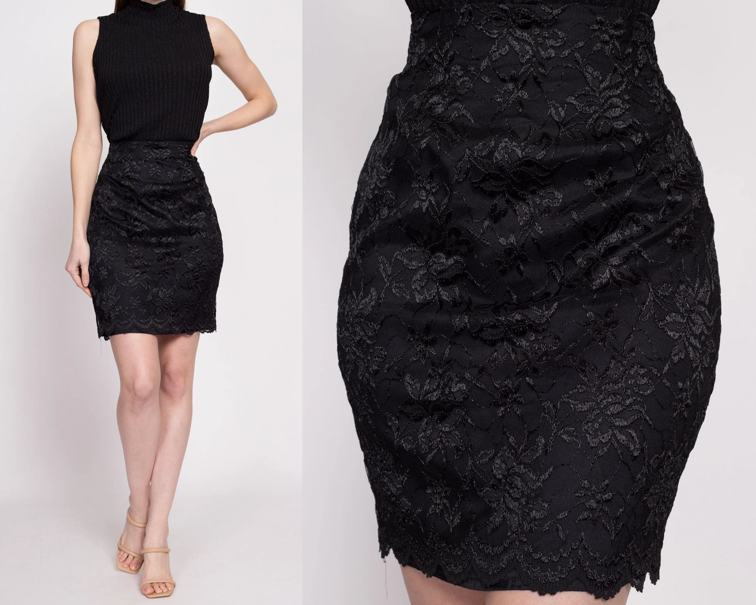 80s Black Lace Mini Skirt - Small, 26"