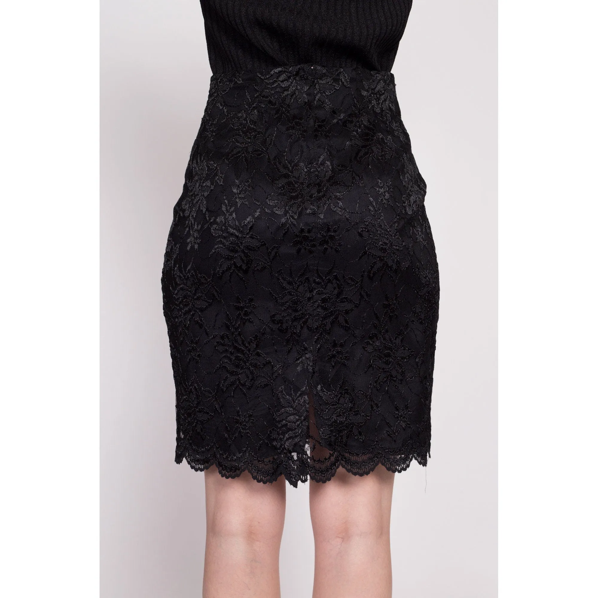 80s Black Lace Mini Skirt - Small, 26"