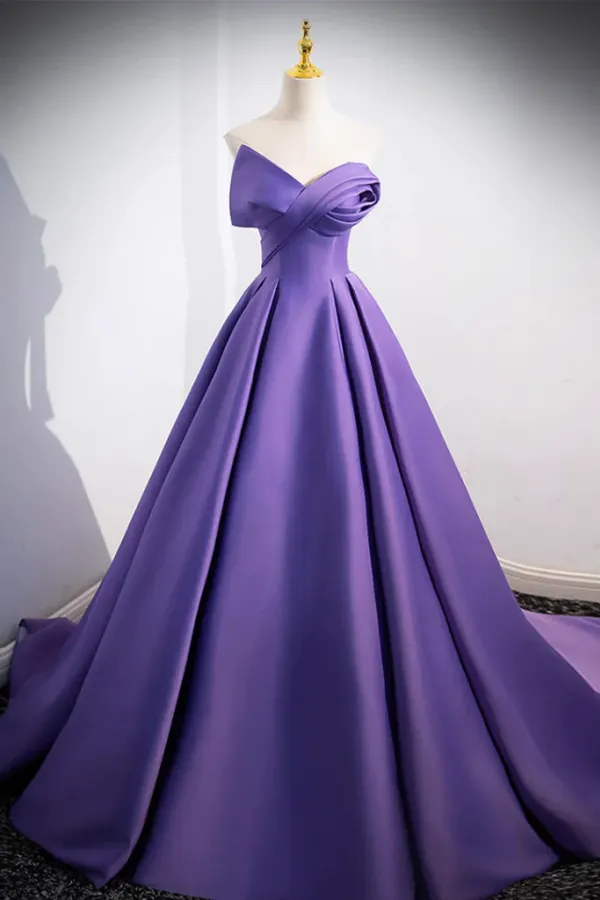A Line off Shoulder Satin Purple Long Prom Dress, Purple Long Evening Dress PFP2542