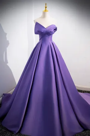 A Line off Shoulder Satin Purple Long Prom Dress, Purple Long Evening Dress PFP2542