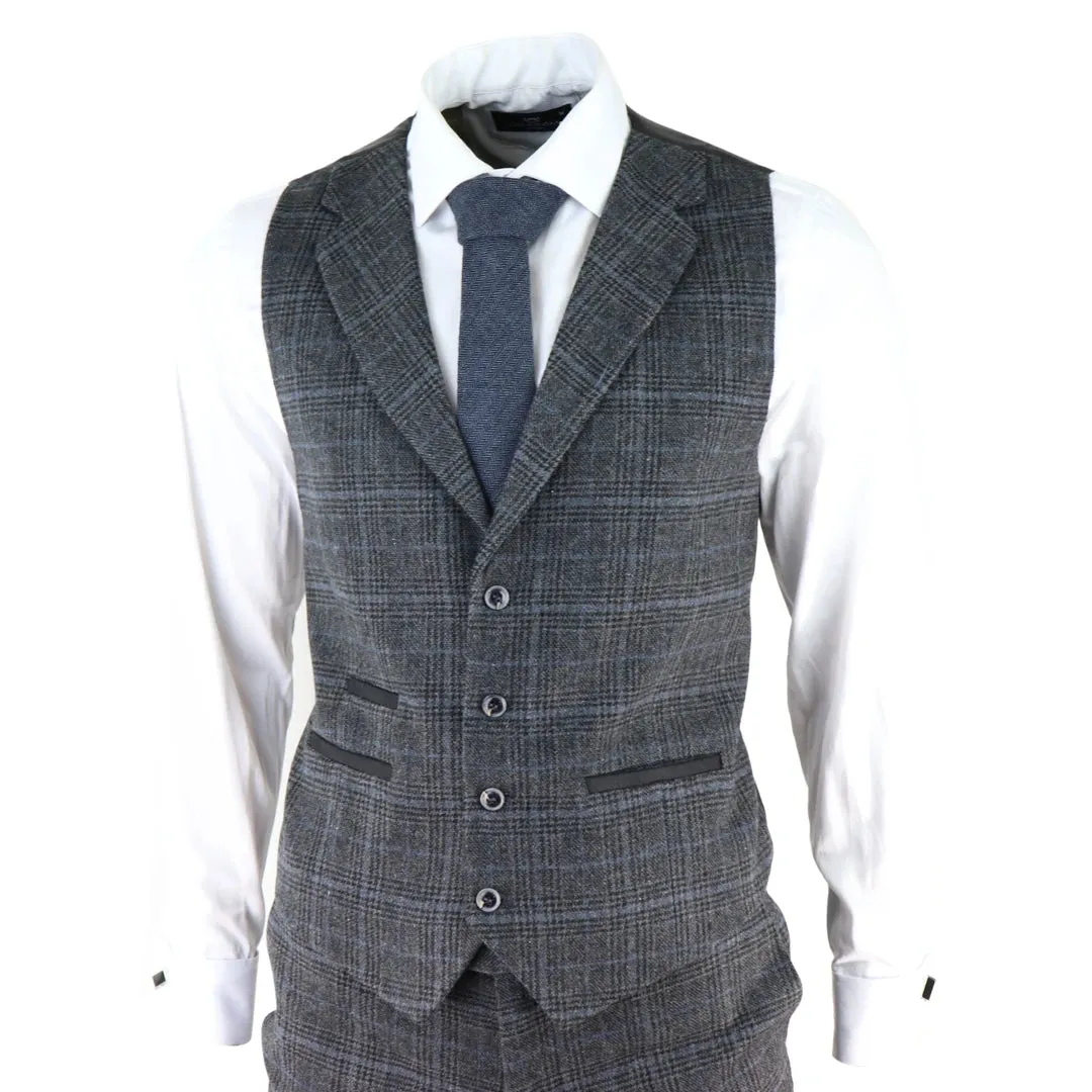 AK-12 - Men's Grey Tweed 3 Piece Suit Blue Check 1920s Gatsby Blinders