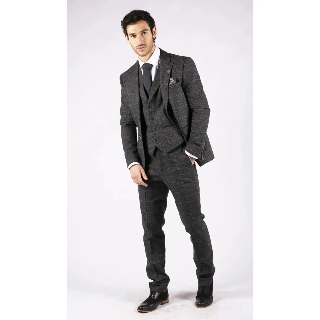 AK-12 - Men's Grey Tweed 3 Piece Suit Blue Check 1920s Gatsby Blinders