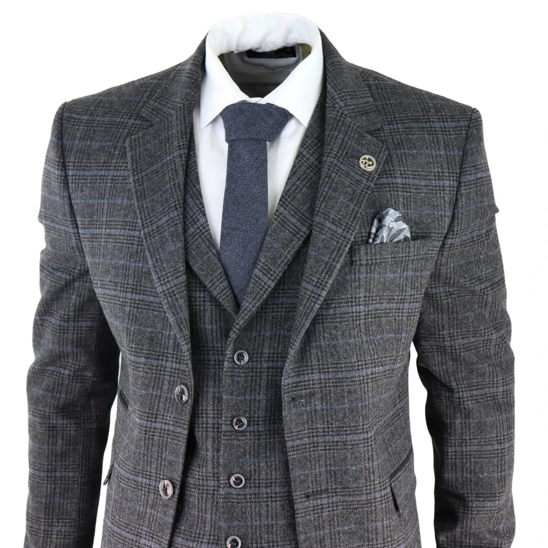 AK-12 - Men's Grey Tweed 3 Piece Suit Blue Check 1920s Gatsby Blinders