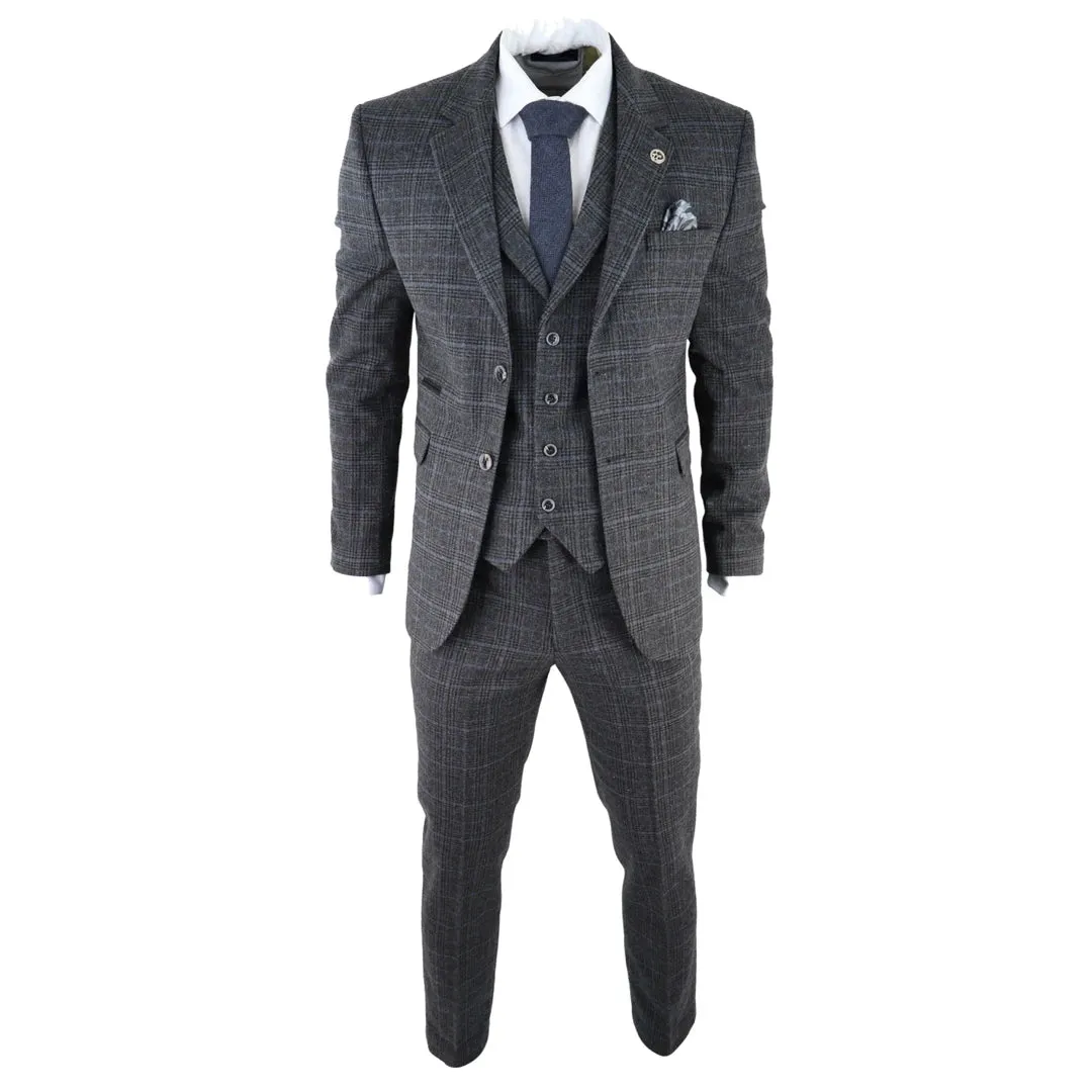AK-12 - Men's Grey Tweed 3 Piece Suit Blue Check 1920s Gatsby Blinders