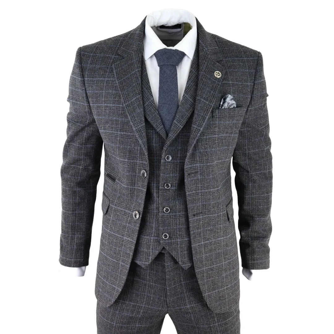 AK-12 - Men's Grey Tweed 3 Piece Suit Blue Check 1920s Gatsby Blinders