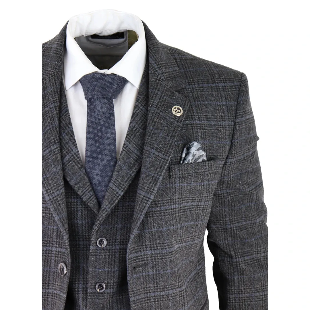 AK-12 - Men's Grey Tweed 3 Piece Suit Blue Check 1920s Gatsby Blinders