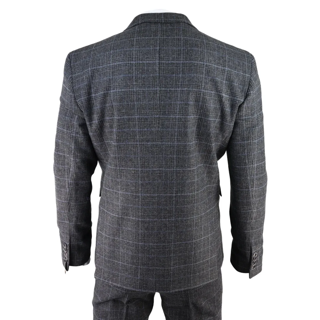 AK-12 - Men's Grey Tweed 3 Piece Suit Blue Check 1920s Gatsby Blinders