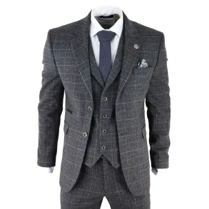 AK-12 - Men's Grey Tweed 3 Piece Suit Blue Check 1920s Gatsby Blinders