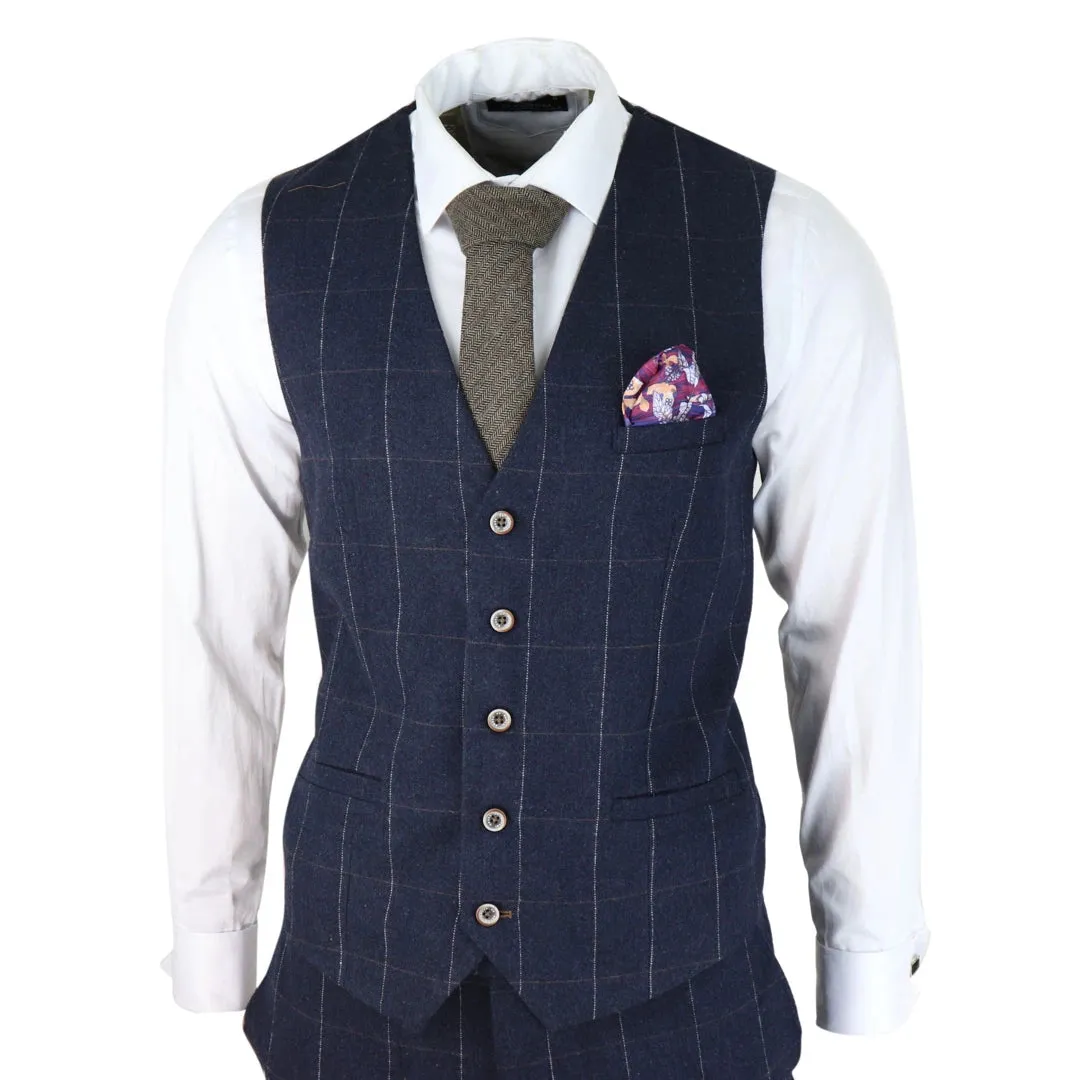 Angels - Men's Navy Check 3 Piece Suit Wool Tweed Classic 1920s Wedding
