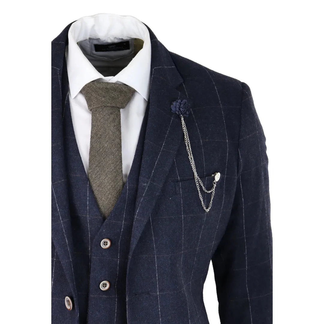 Angels - Men's Navy Check 3 Piece Suit Wool Tweed Classic 1920s Wedding