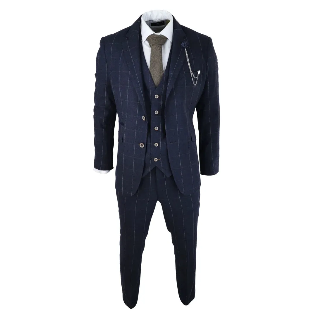 Angels - Men's Navy Check 3 Piece Suit Wool Tweed Classic 1920s Wedding