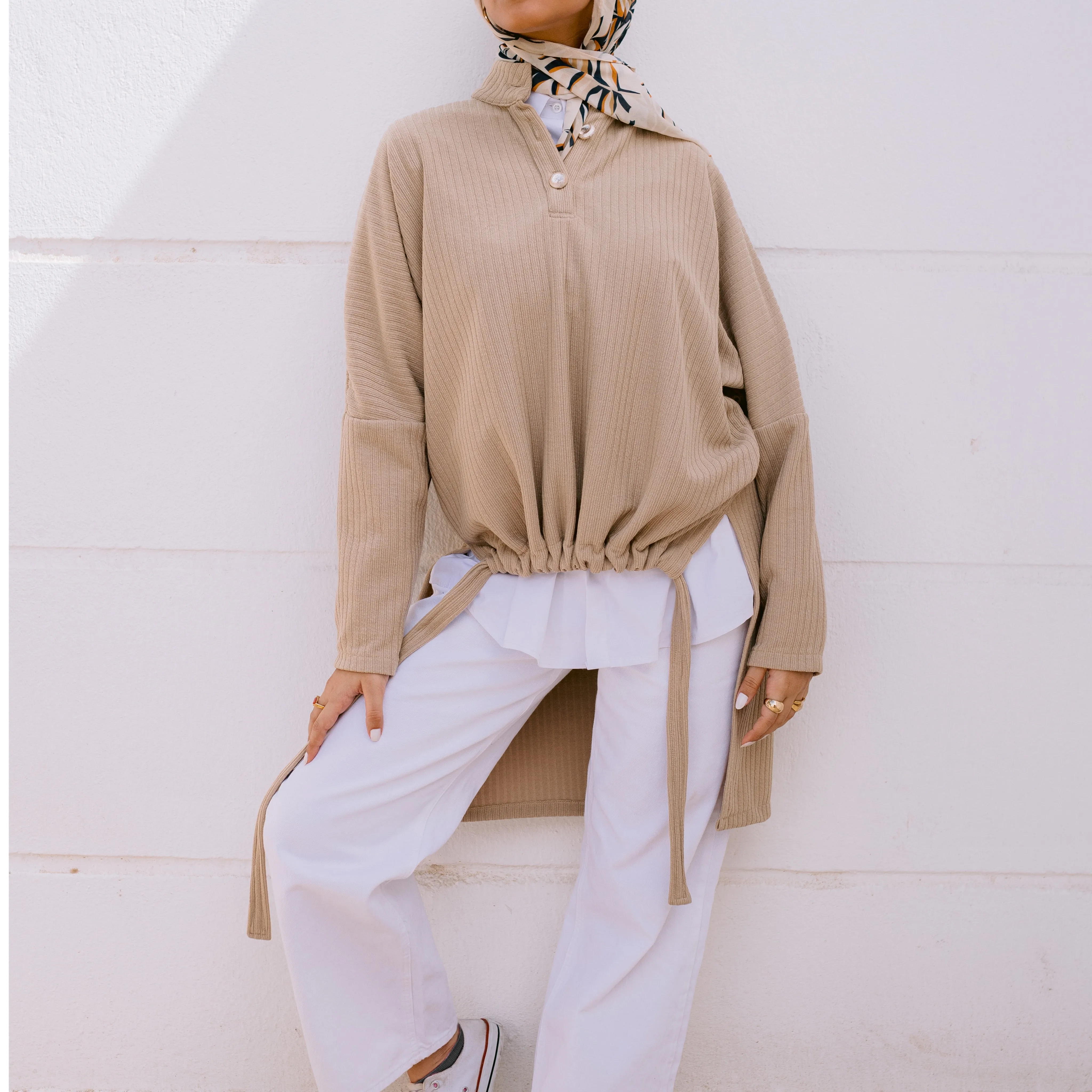 Beige High neck drawstring hem ribbed knit sweater