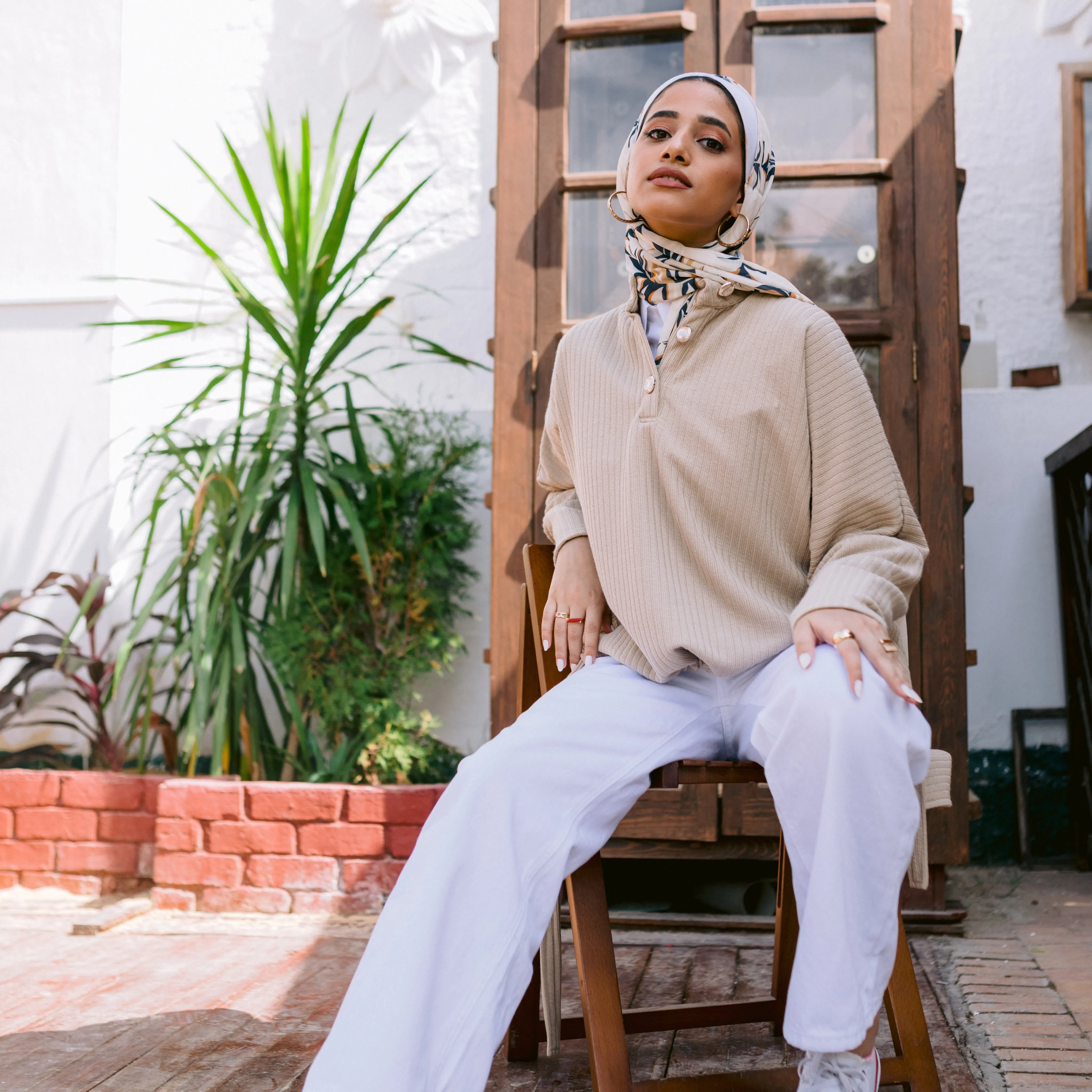 Beige High neck drawstring hem ribbed knit sweater