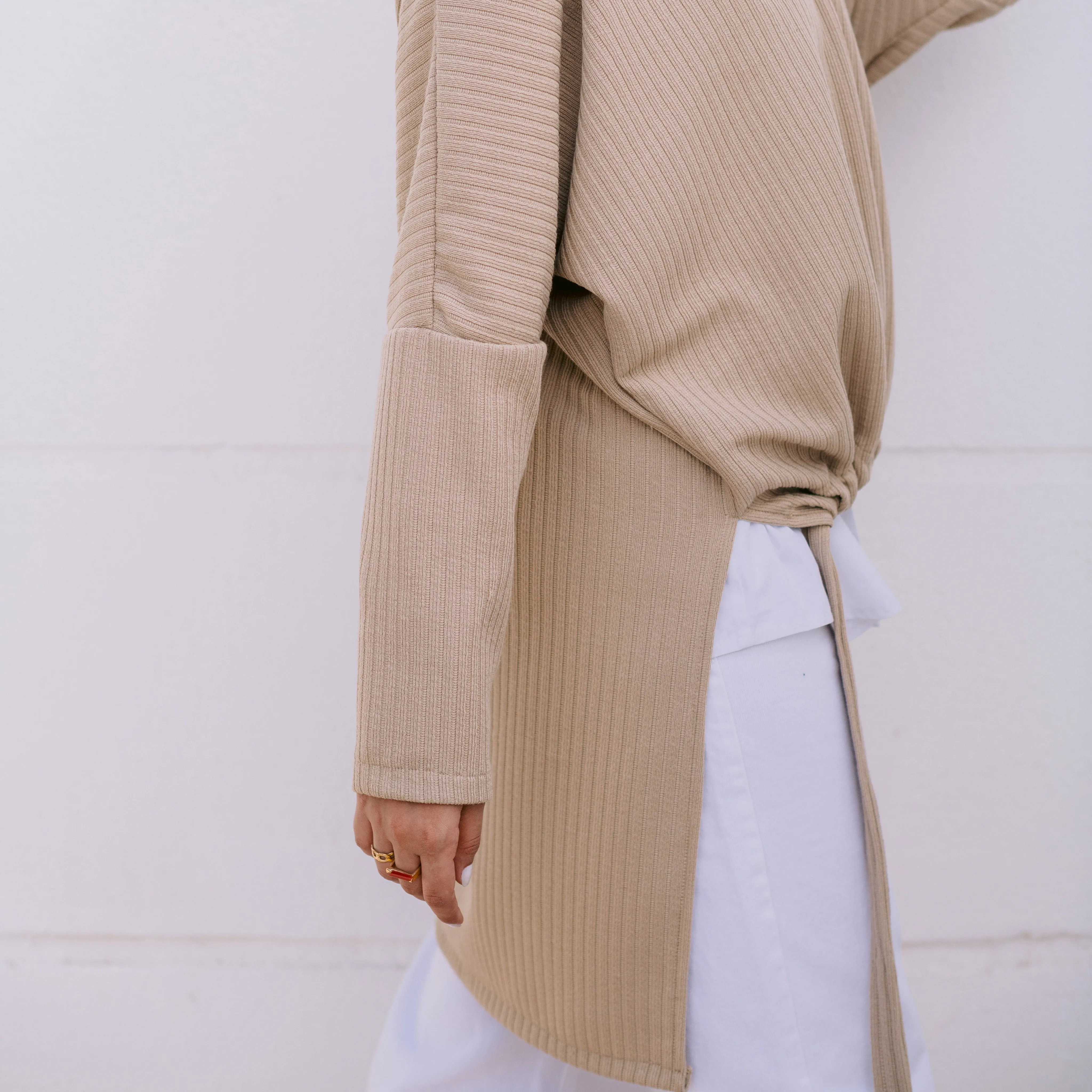 Beige High neck drawstring hem ribbed knit sweater