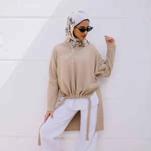 Beige High neck drawstring hem ribbed knit sweater