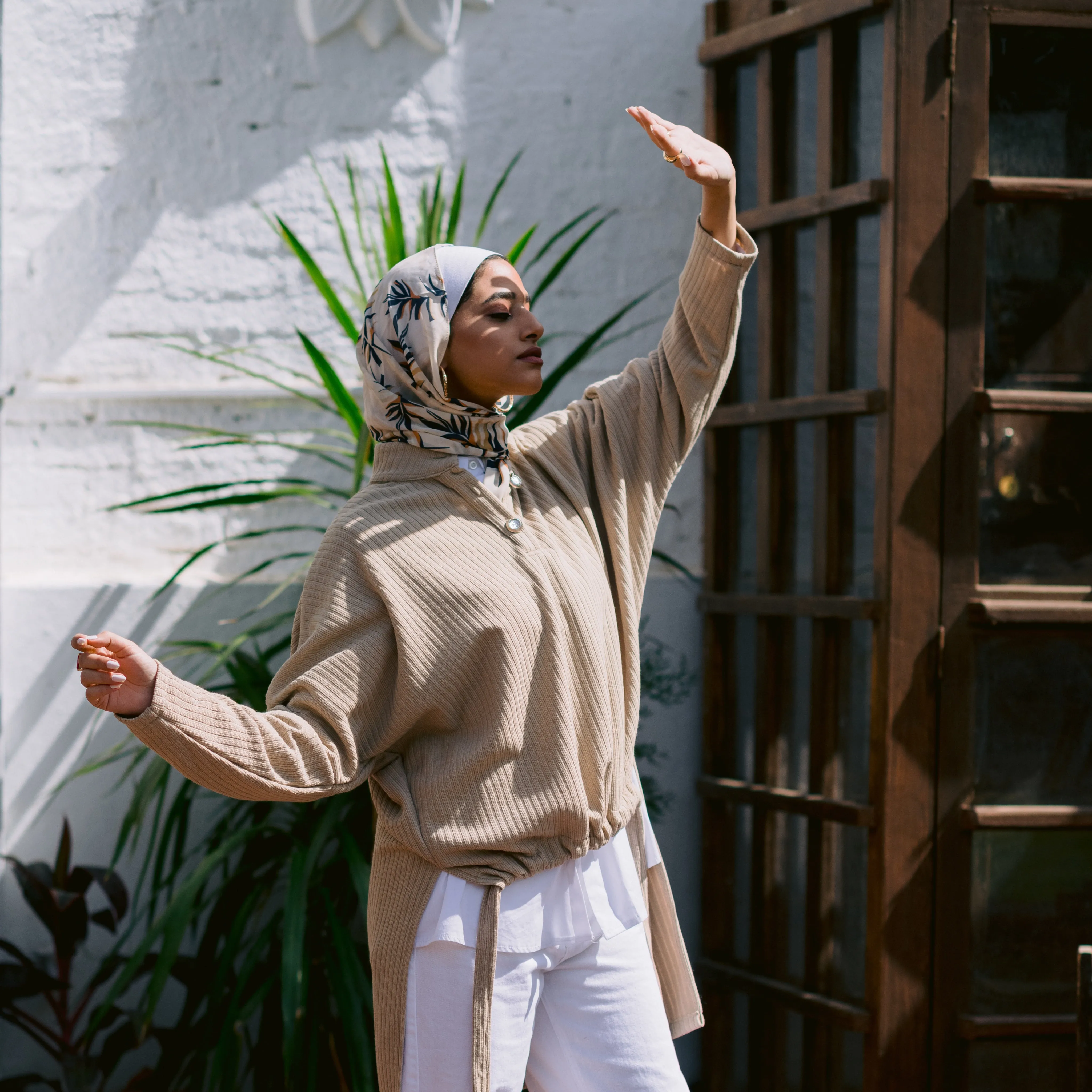Beige High neck drawstring hem ribbed knit sweater