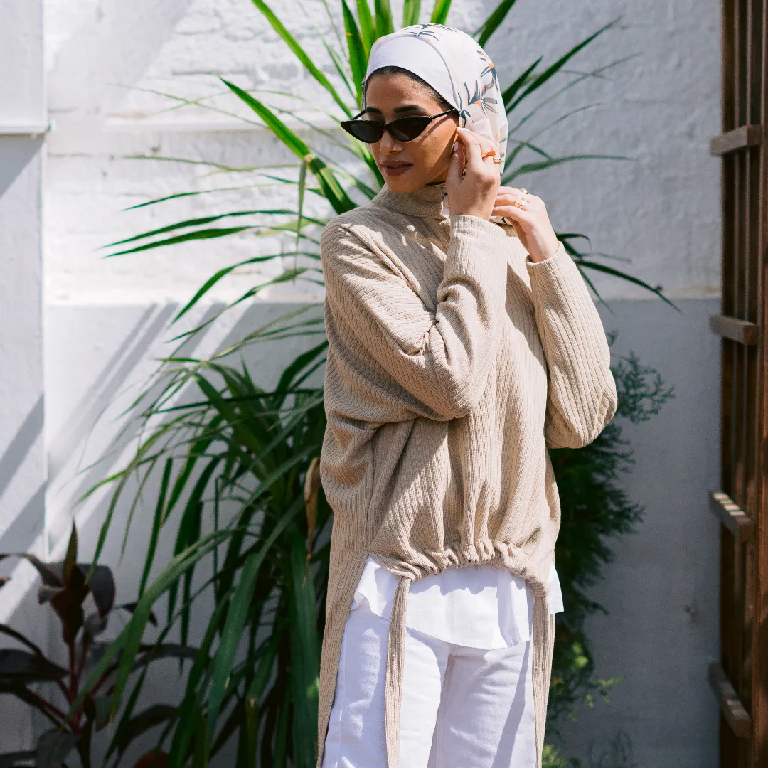 Beige High neck drawstring hem ribbed knit sweater