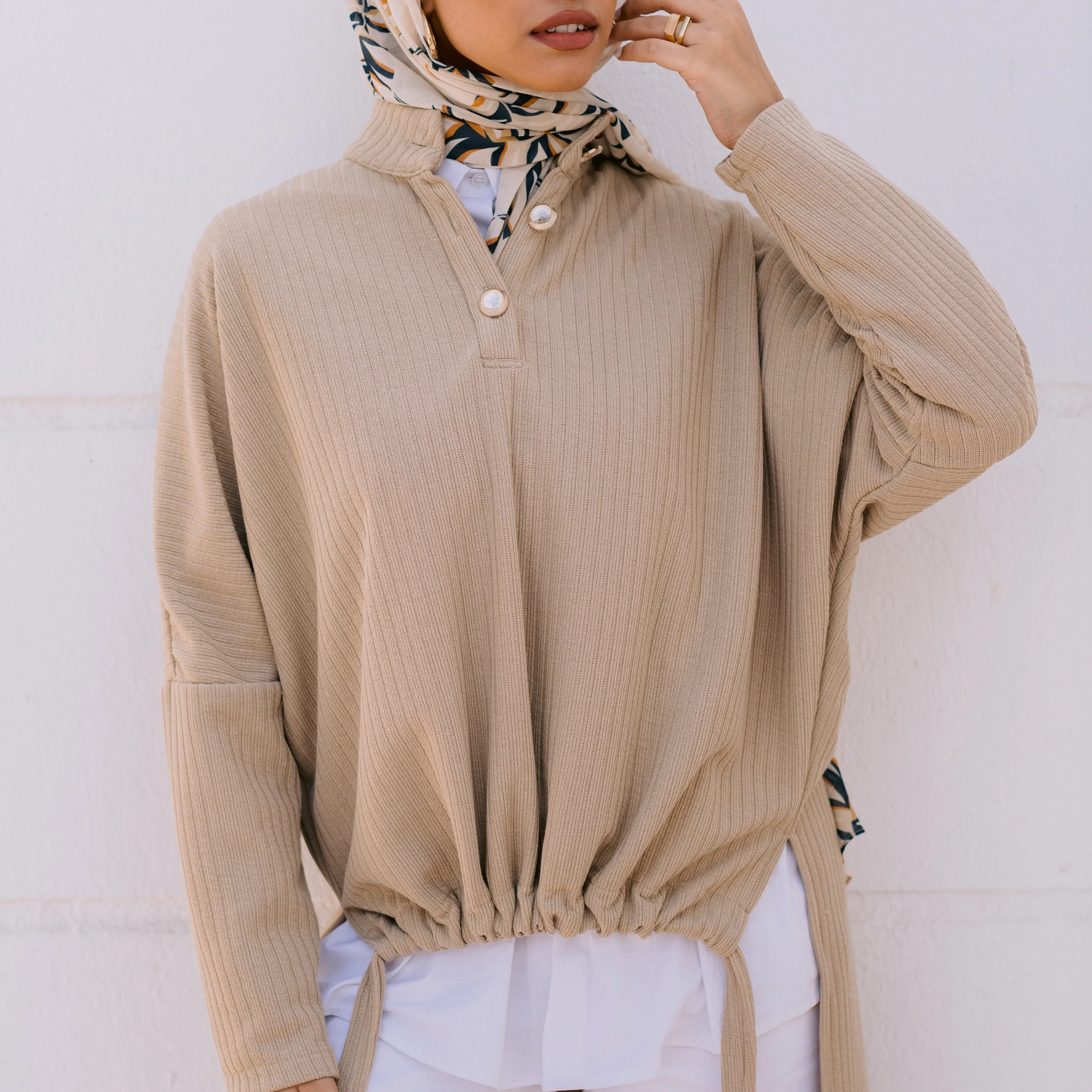 Beige High neck drawstring hem ribbed knit sweater
