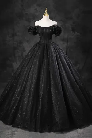 Black Tulle Floor Length A Line Prom Dress, Off the Shoulder Evening Party Dress PFP2453