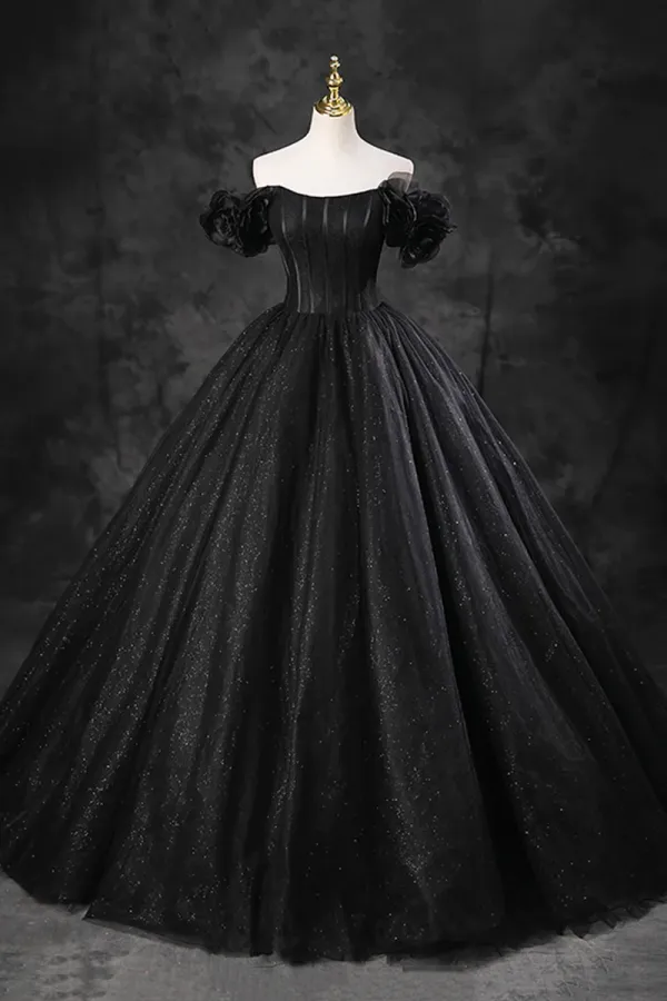 Black Tulle Floor Length A Line Prom Dress, Off the Shoulder Evening Party Dress PFP2453
