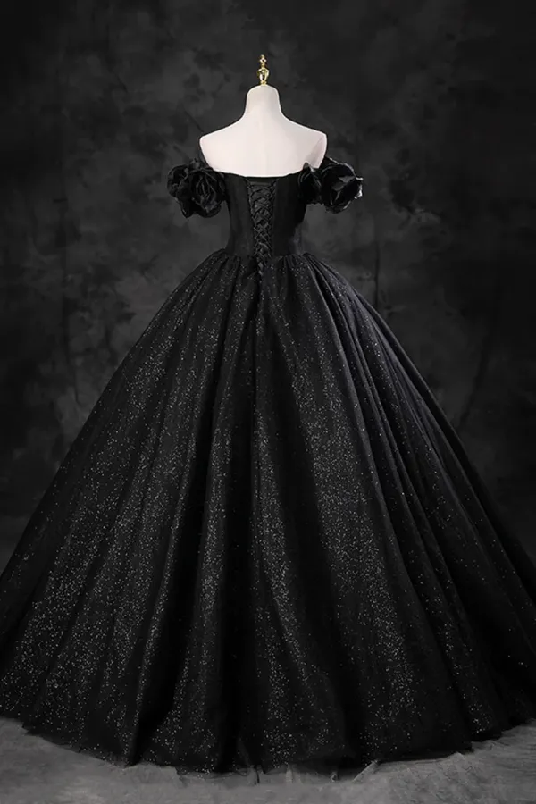 Black Tulle Floor Length A Line Prom Dress, Off the Shoulder Evening Party Dress PFP2453