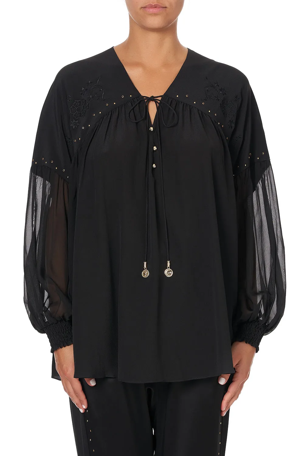 BLOUSON BLOUSE WITH NECK TIE SOLID BLACK