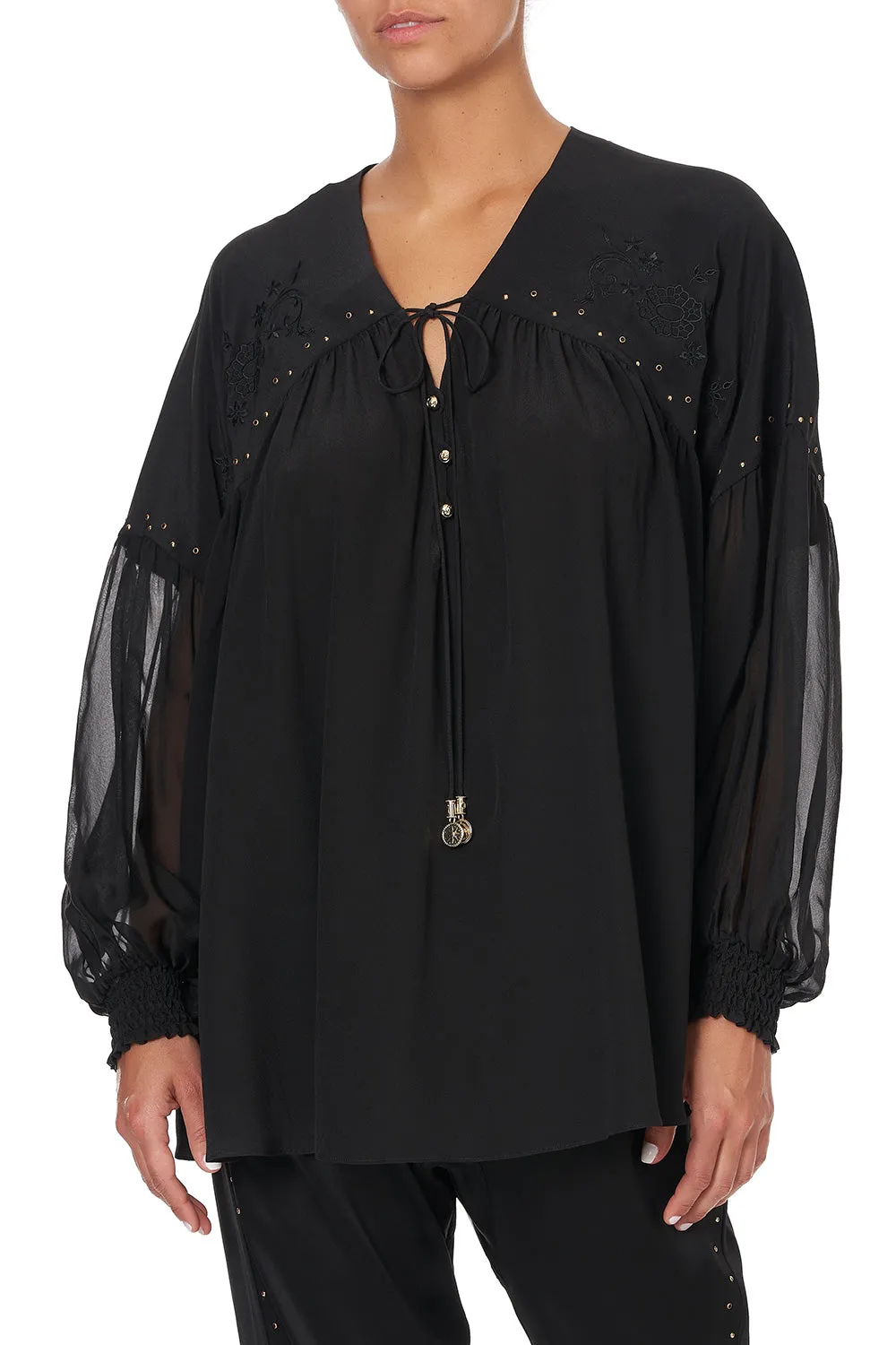 BLOUSON BLOUSE WITH NECK TIE SOLID BLACK