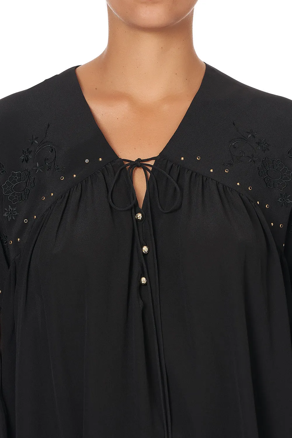 BLOUSON BLOUSE WITH NECK TIE SOLID BLACK