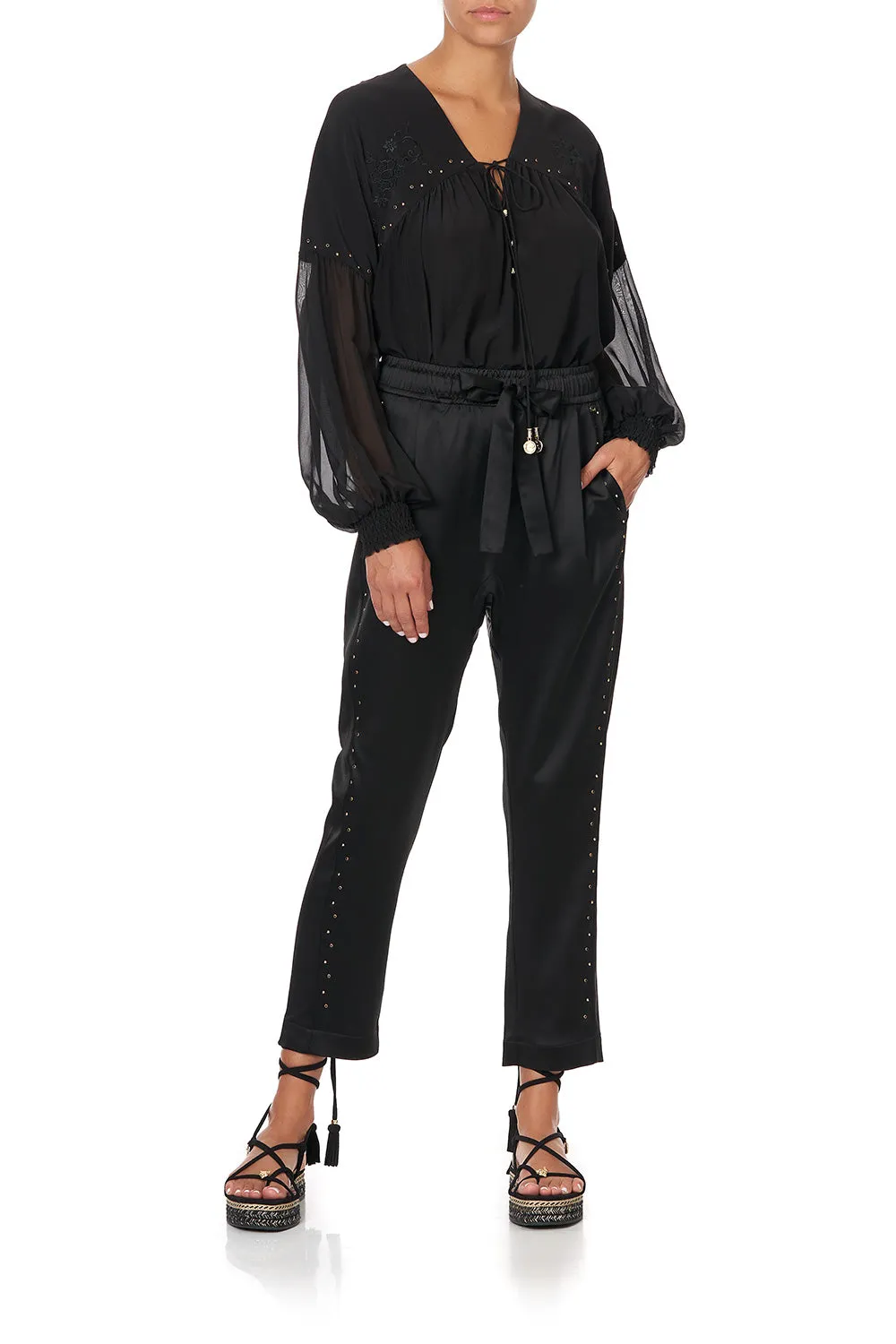 BLOUSON BLOUSE WITH NECK TIE SOLID BLACK