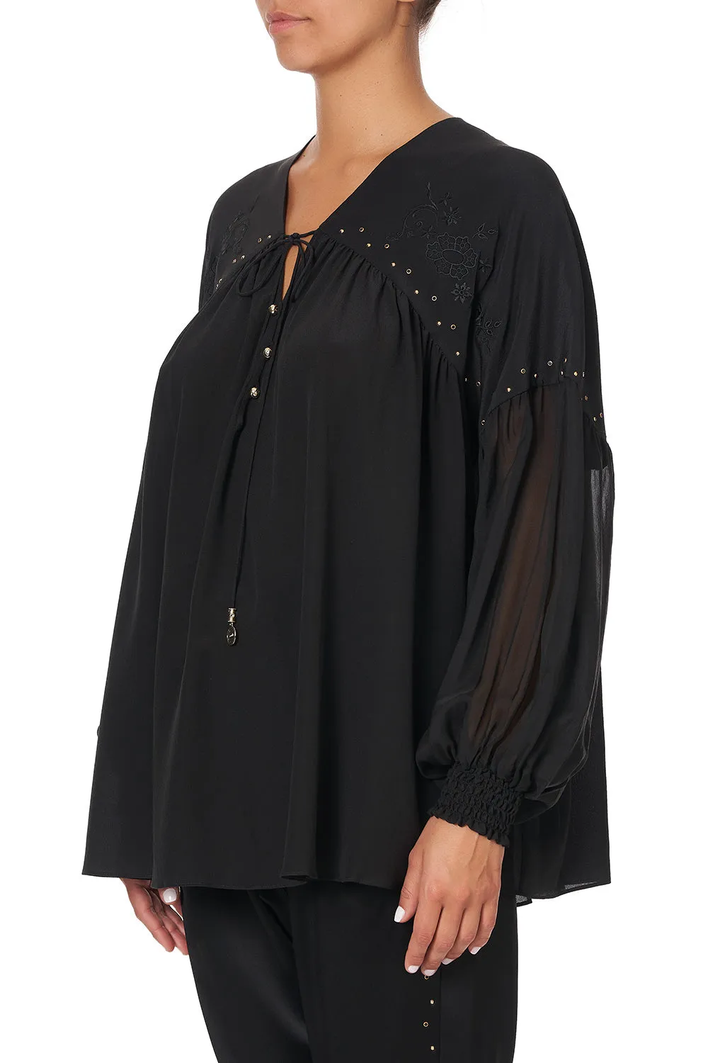 BLOUSON BLOUSE WITH NECK TIE SOLID BLACK