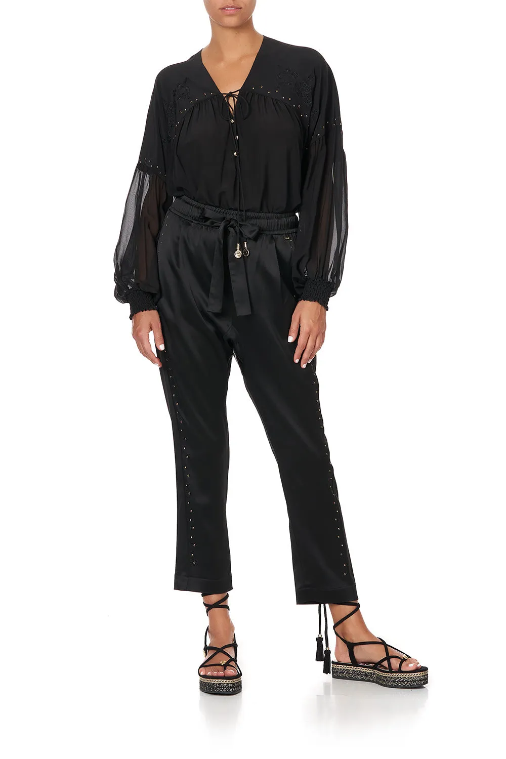 BLOUSON BLOUSE WITH NECK TIE SOLID BLACK