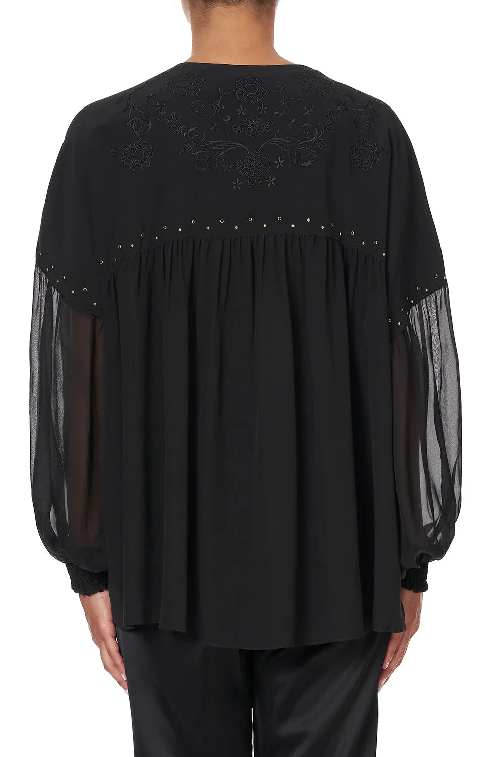 BLOUSON BLOUSE WITH NECK TIE SOLID BLACK