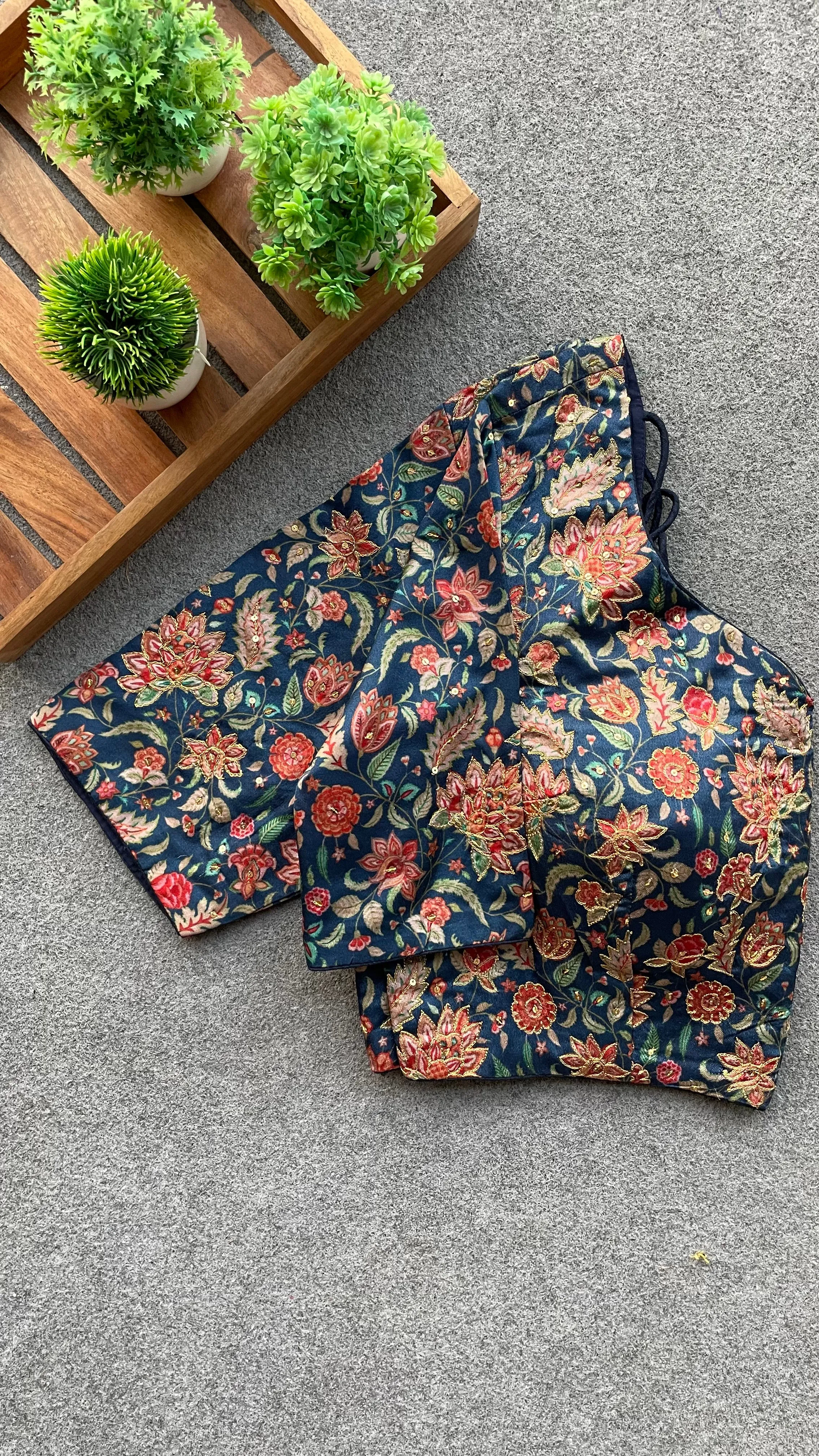 Blue floral embroidery hand worked blouse