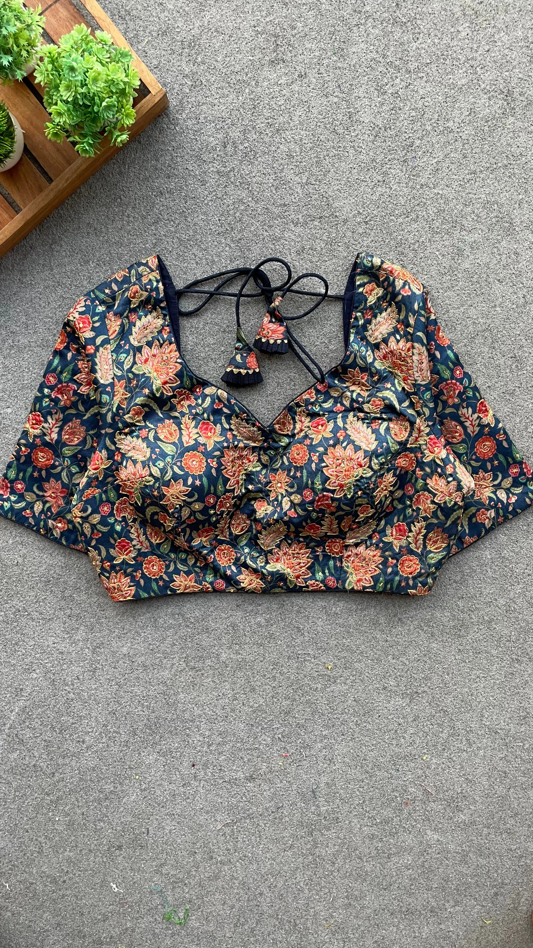 Blue floral embroidery hand worked blouse