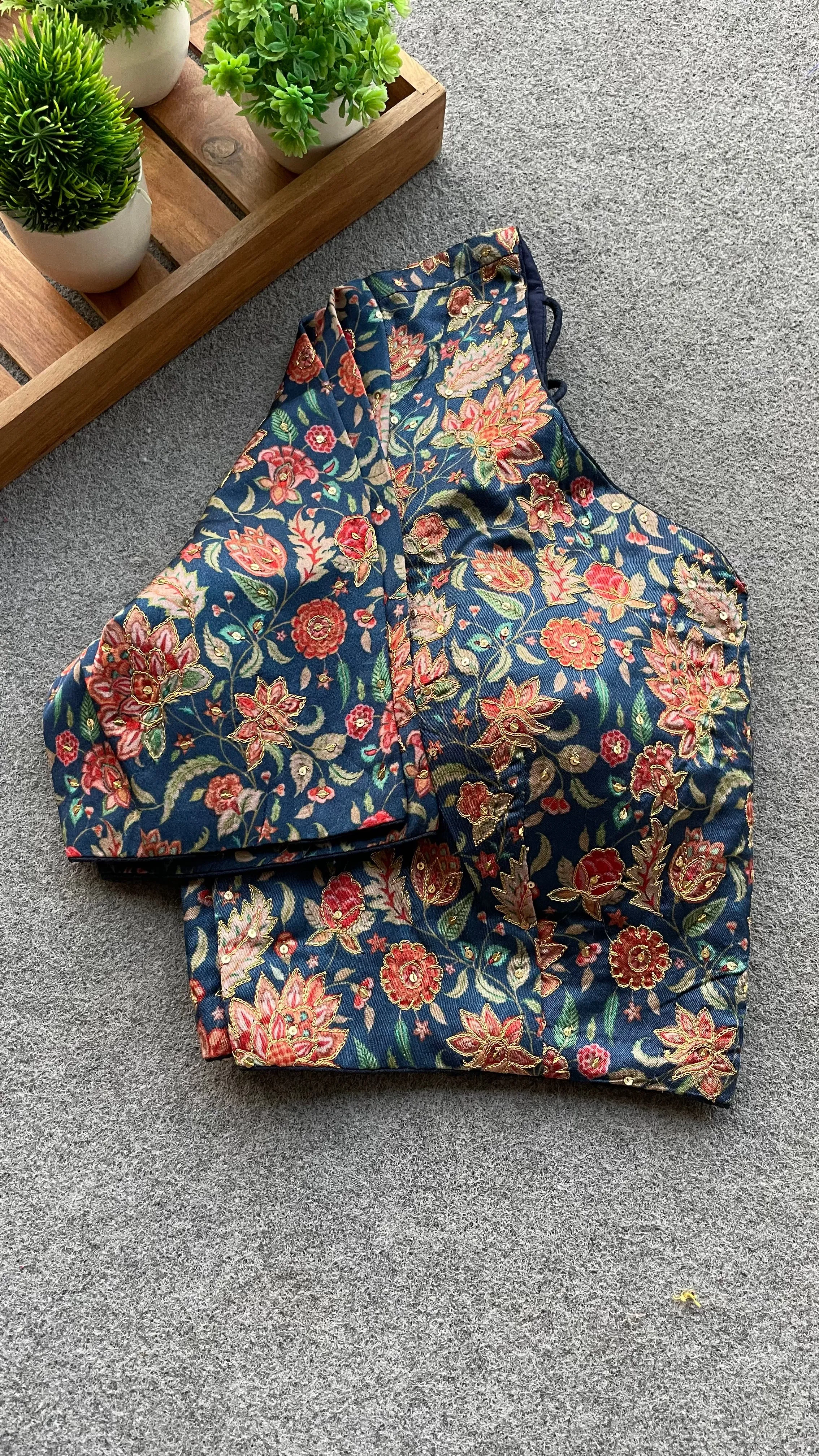 Blue floral embroidery hand worked blouse