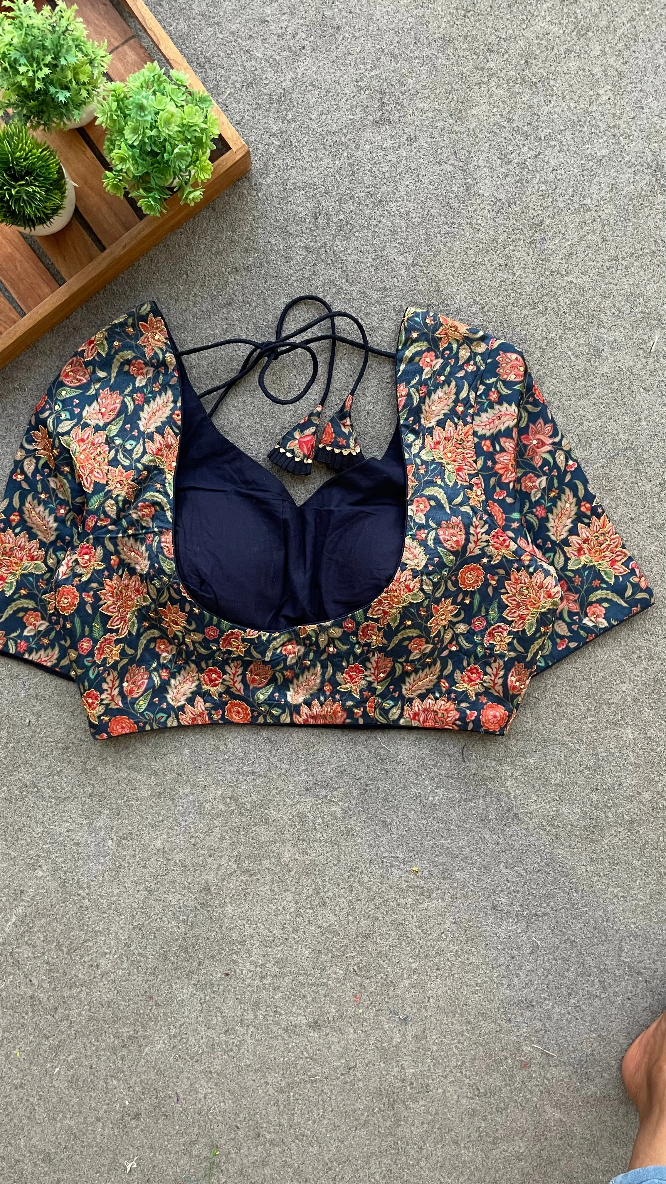 Blue floral embroidery hand worked blouse