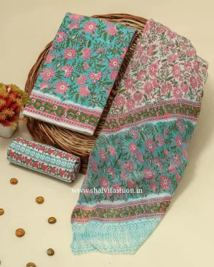 Blue Jaal Print Cotton Suit Set with Chiffon Dupatta (PCHF282)