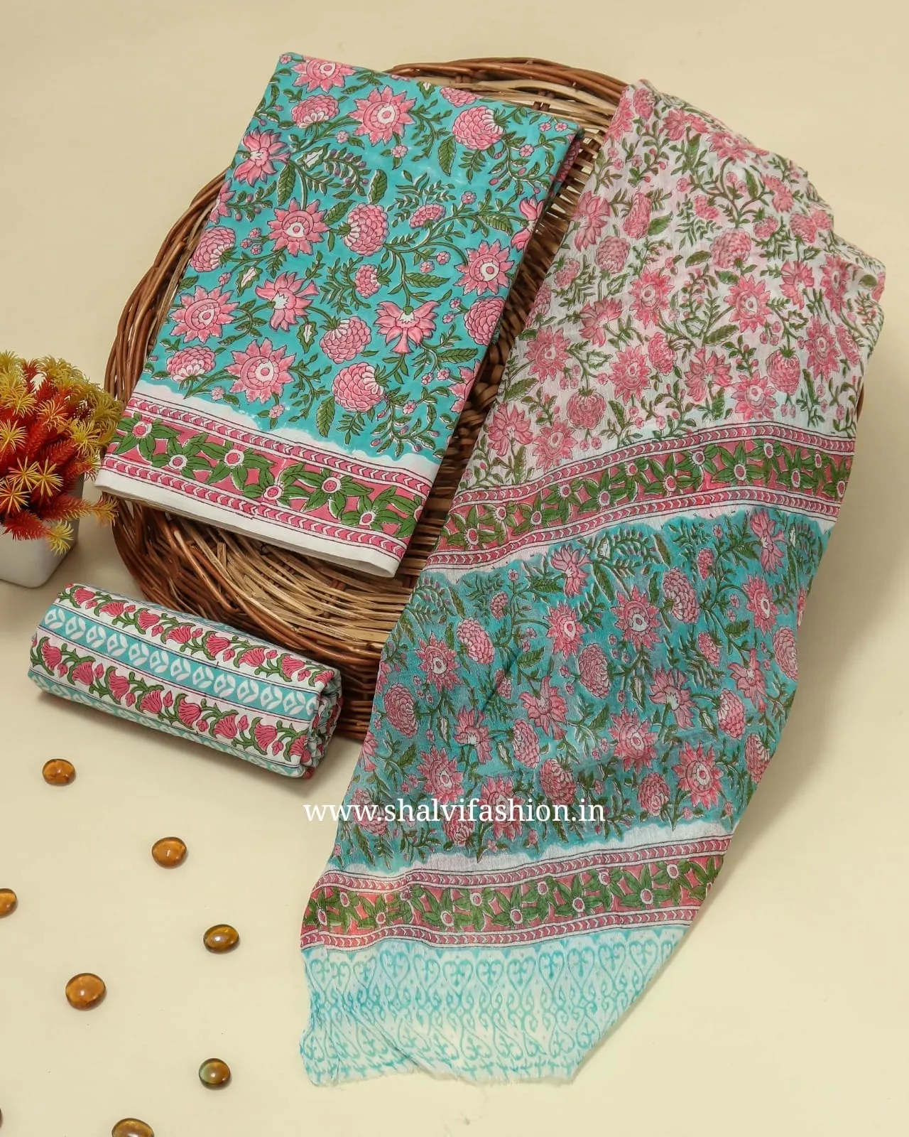 Blue Jaal Print Cotton Suit Set with Chiffon Dupatta (PCHF282)