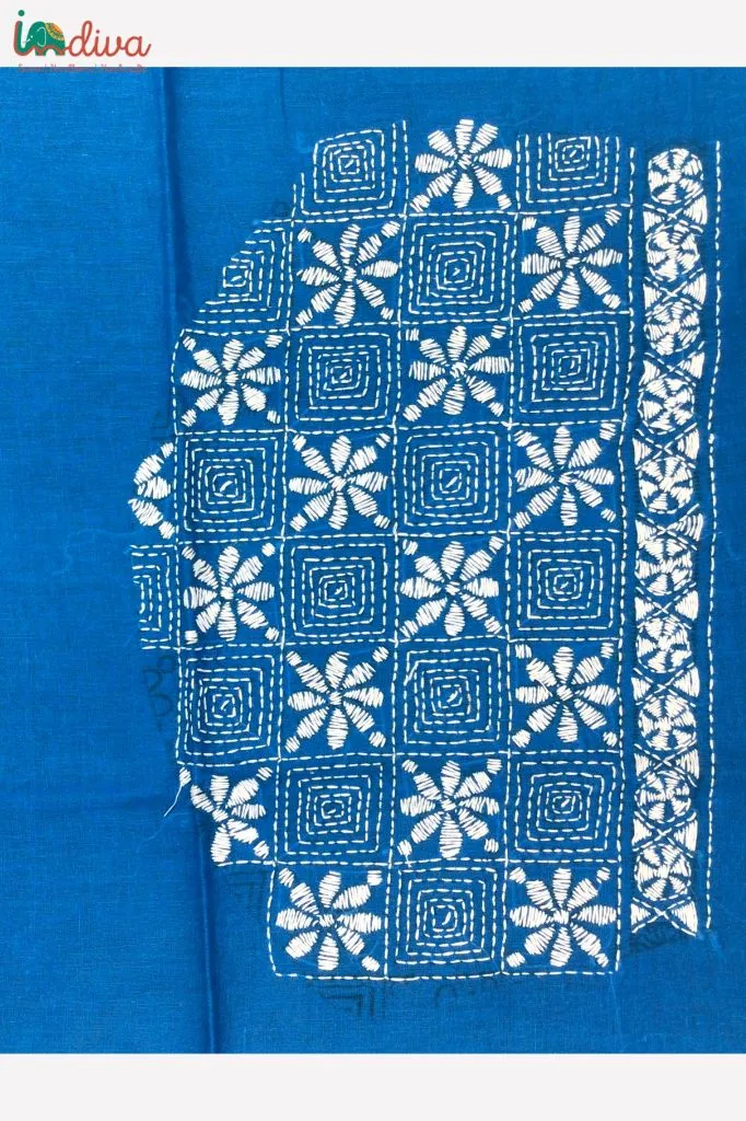 Blue Kantha Work Blouse Piece With White Motifs