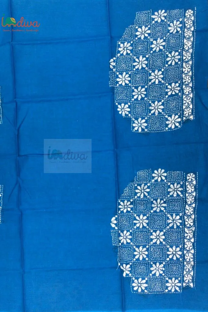 Blue Kantha Work Blouse Piece With White Motifs