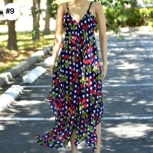 Bohemian V-Neck Chiffon Floral Geometric Print Long Sundress Shark bite Hem Dress Spaghetti Strap Dress Plus Size Dress