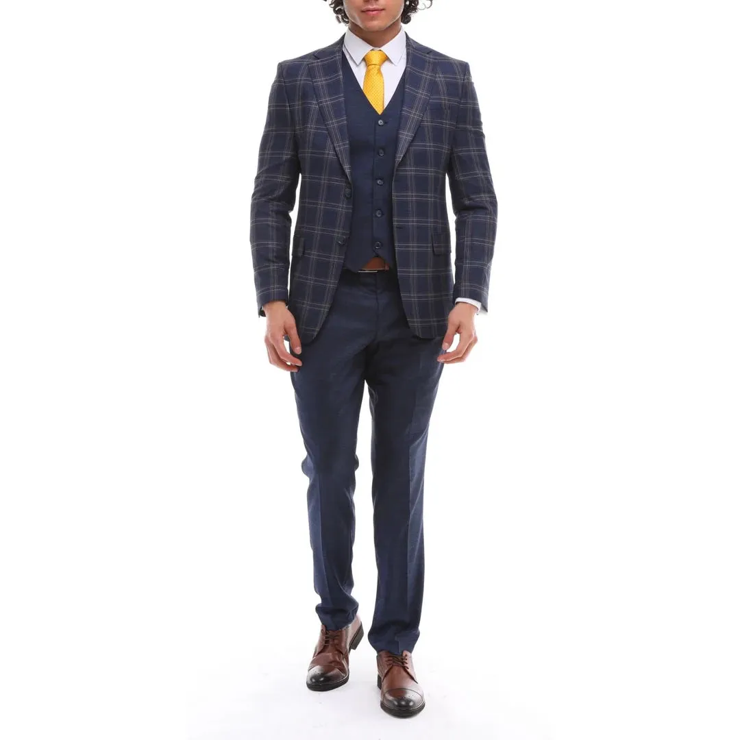 BR23-K20 - Men's 3 Piece Suit Navy Blue Grey Brown Check Contrasting Waistcoat Trouser