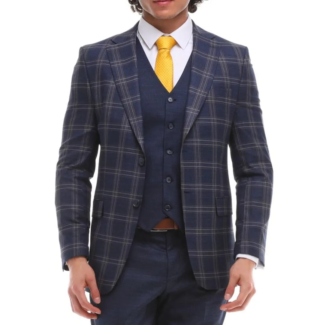 BR23-K20 - Men's 3 Piece Suit Navy Blue Grey Brown Check Contrasting Waistcoat Trouser