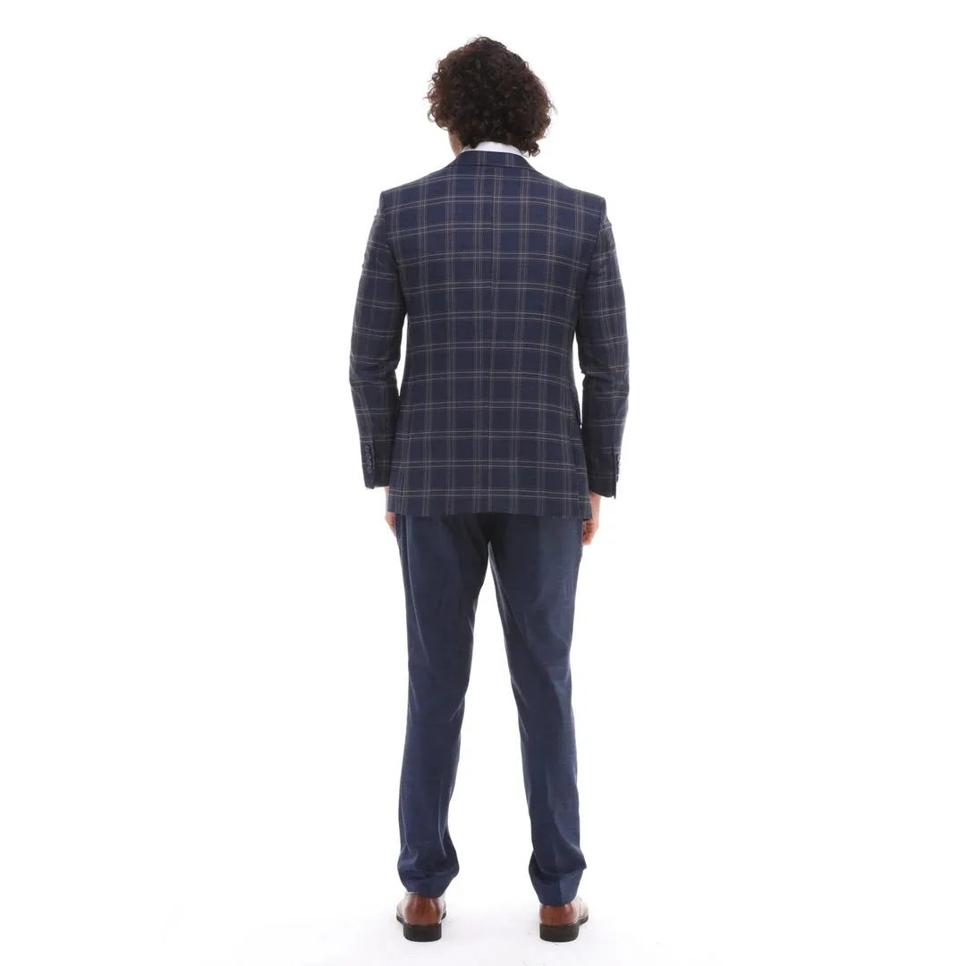 BR23-K20 - Men's 3 Piece Suit Navy Blue Grey Brown Check Contrasting Waistcoat Trouser