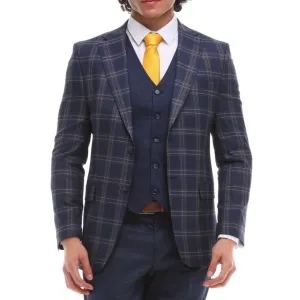 BR23-K20 - Men's 3 Piece Suit Navy Blue Grey Brown Check Contrasting Waistcoat Trouser
