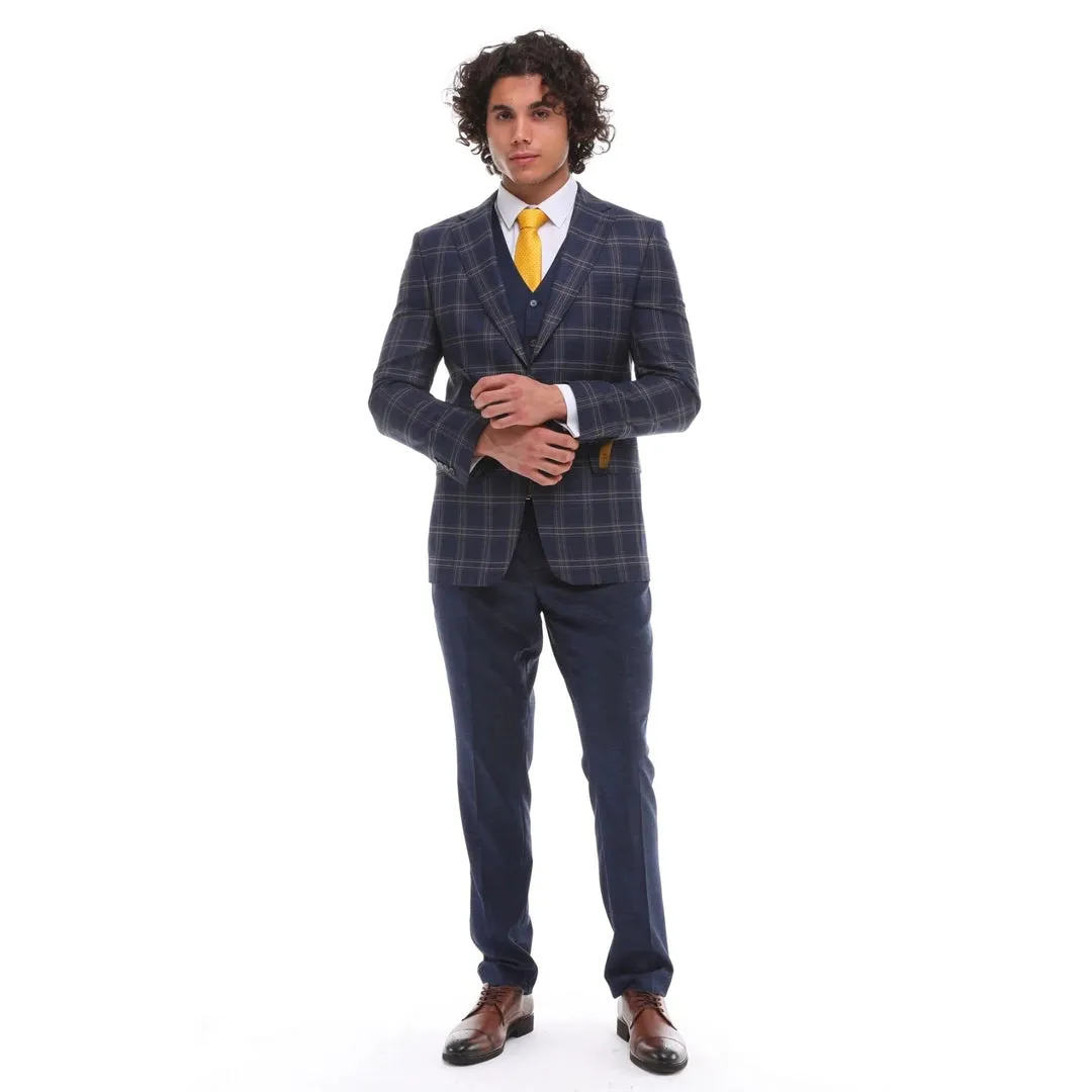 BR23-K20 - Men's 3 Piece Suit Navy Blue Grey Brown Check Contrasting Waistcoat Trouser